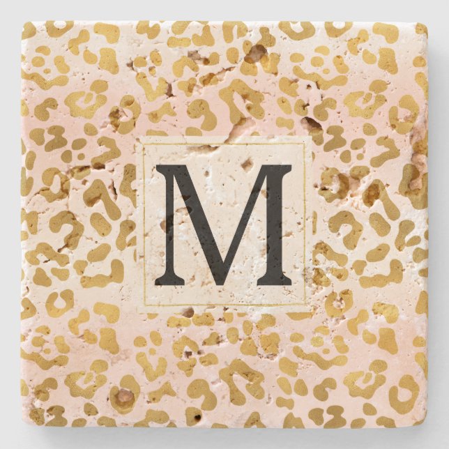 Gold Pink White Leopard Print Monogram Stone Coaster (Front)