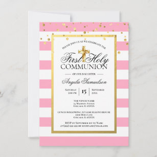 Gold Pink White Stripes First Holy Communion Girl Invitation
