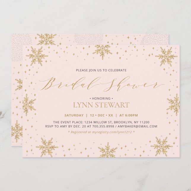 Gold & Pink Winter Snowflake Wedding Bridal Shower Invitation (Front/Back)