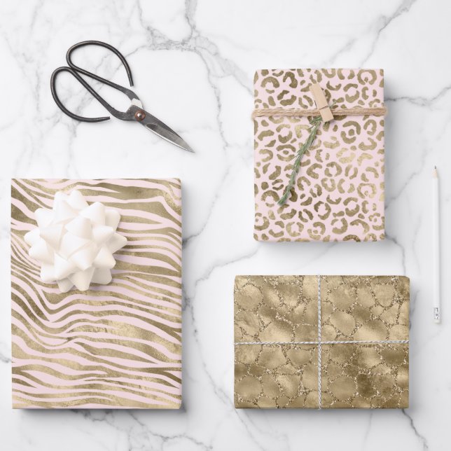 Gold Pink Zebra Animal Print      Wrapping Paper Sheet (Front)