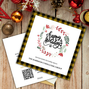 Gold Plaid Corporate Logo QR Code Holiday Card