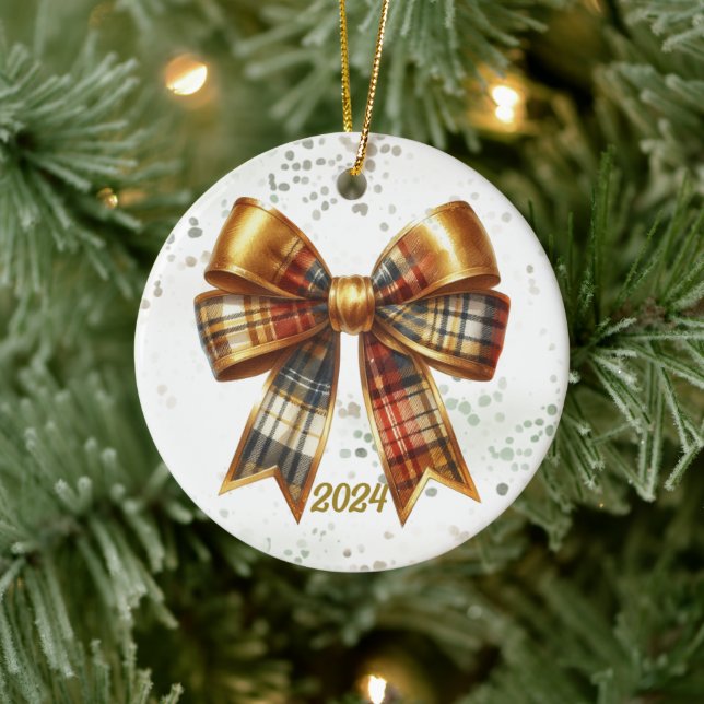  Gold Plaid Holiday Bow Year Accent Ceramic Tree Decoration (Tree)
