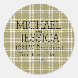 Gold Plaid Personalised name and address Classic Round Sticker