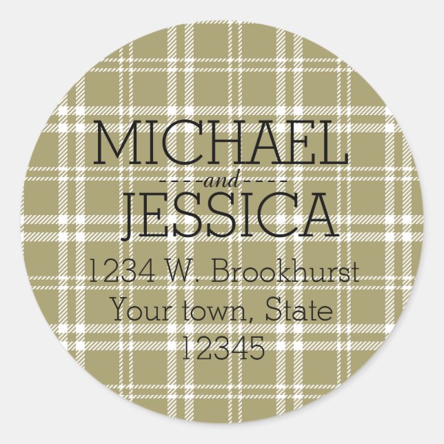 Gold Plaid Personalised name and address Classic Round Sticker (Front)