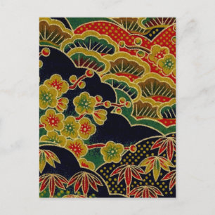 gold plum flower pattern japanese kimono textile postcard