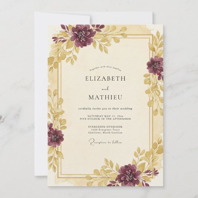 Gold Plum Foliage Eucalyptus Wedding Invitation (Front)
