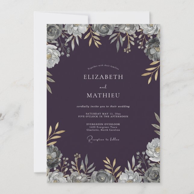 Gold Plum Foliage Soft Eucalyptus Wedding Invitation (Front)