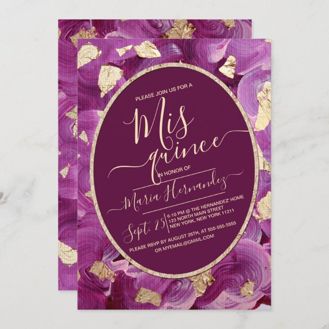 Gold Plum Lilac Acrylic Brushstroke Quinceañera Invitation (Front/Back)