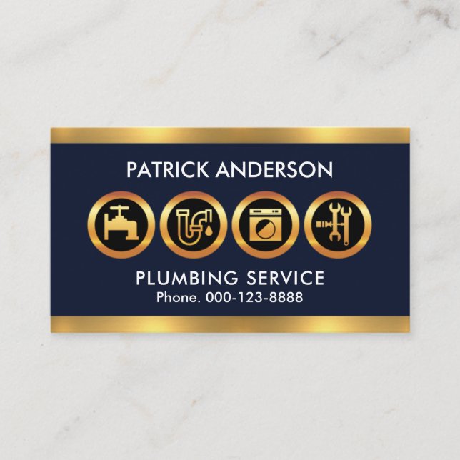 Gold Plumber Icons Border Plumbing Contractor Business Card (Front)