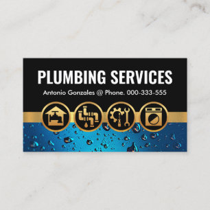 Gold Plumbing Icons On Blue Water Business Card