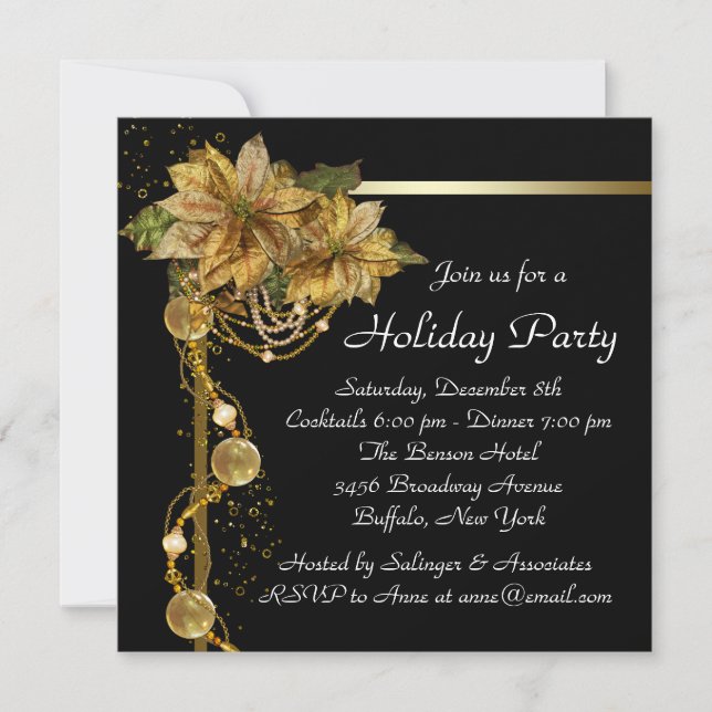 Gold Poinsettia Black Gold Christmas Party Invitation (Front)
