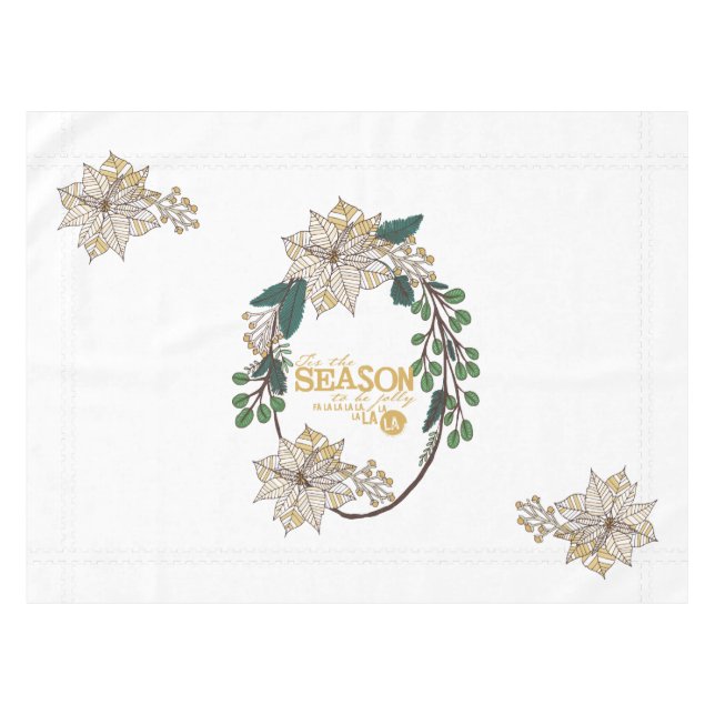 Gold Poinsettia Tis the Season Holiday Tablecloth (Front (Horizontal))
