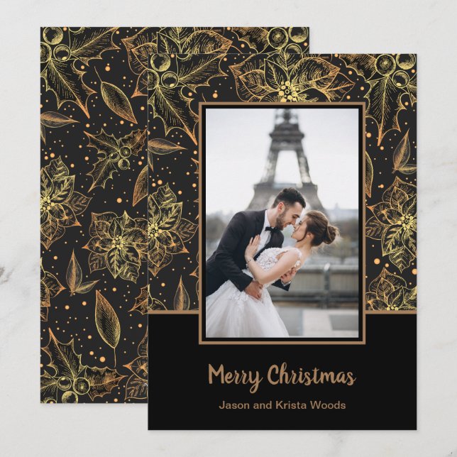 Gold Poinsettias Black Christmas Photo Holiday Card (Front/Back)