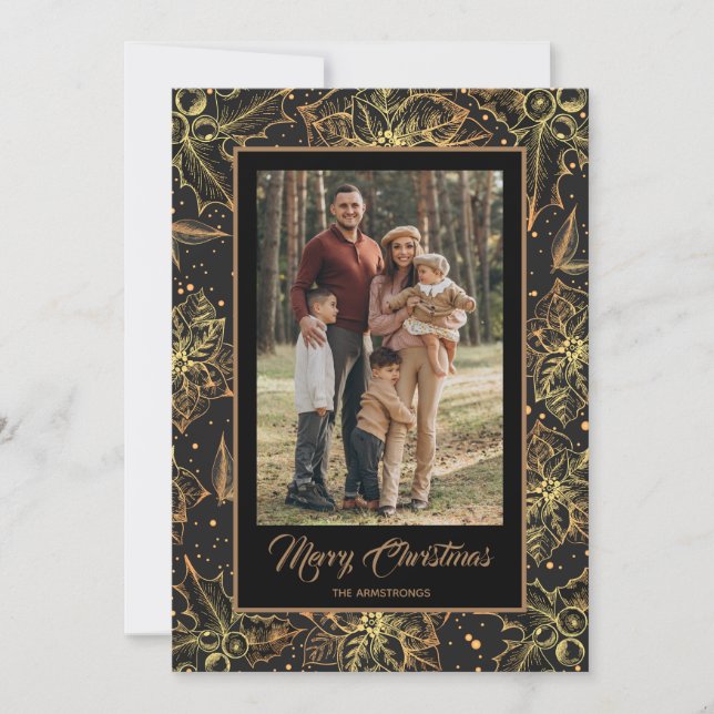 Gold Poinsettias Black Christmas Photo Holiday Card (Front)