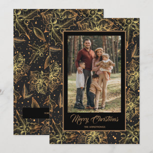 Gold Poinsettias Black Christmas Photo Holiday Card