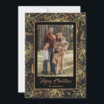 Gold Poinsettias Black Christmas Photo Holiday Card<br><div class="desc">Gold poinsettias,  holly and berries on a black background and your favourite photo with Merry Christmas and your names in chic lettering are a beautiful way to send holiday cheer. Select Matte for heaviest paper and high definition for best print quality.</div>