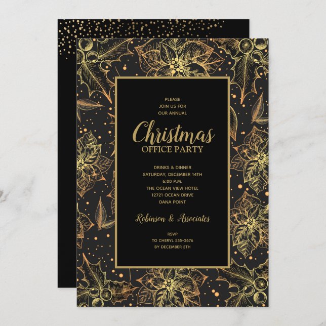 Gold Poinsettias Floral Christmas Invitations (Front/Back)