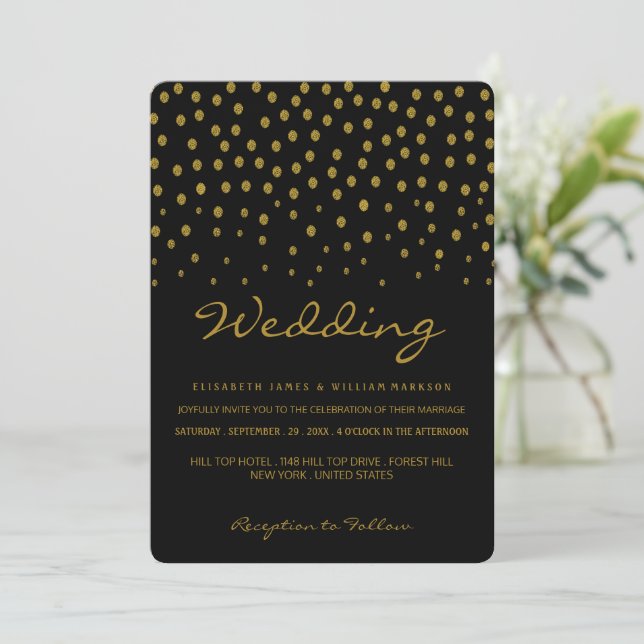 Gold Polka Dot - Black & Gold - Wedding Invitation (Standing Front)