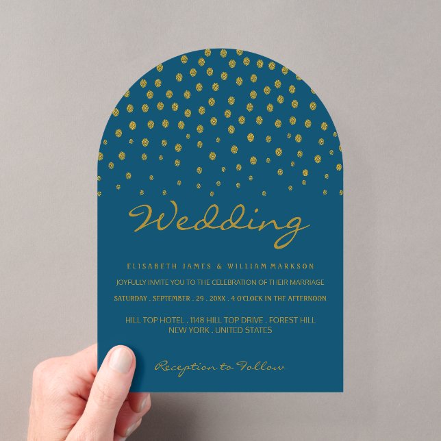 Gold Polka Dot - Blue & Gold - Wedding Acrylic Invitations (Insitu (Handheld))