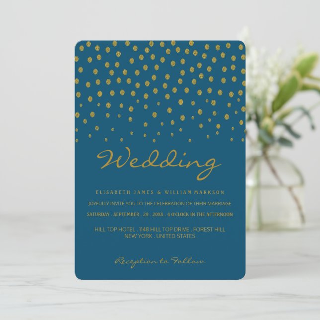 Gold Polka Dot - Blue & Gold - Wedding Invitation (Standing Front)