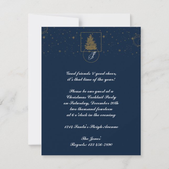 Gold Polka Dot Circle on Snow Blue Christmas Tree Invitation (Front)