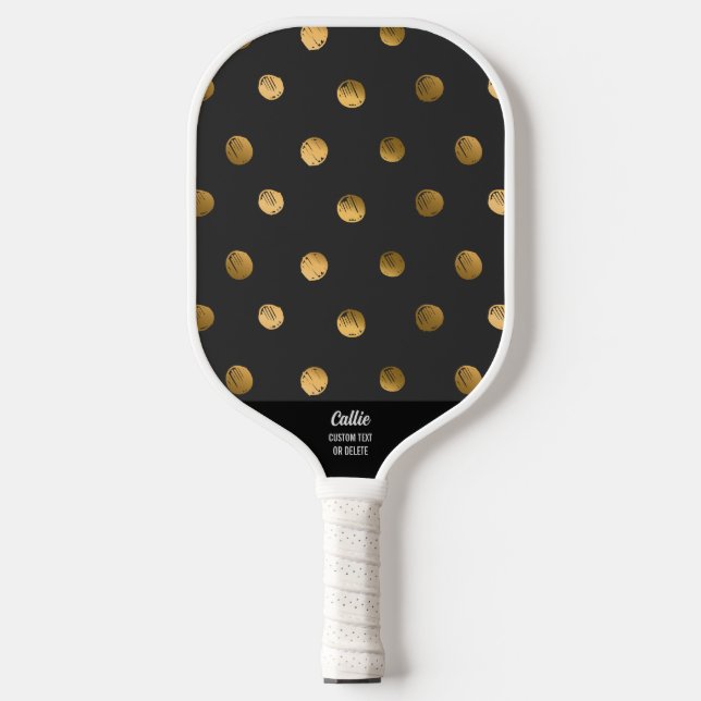 Gold Polka Dot Pattern White Black Custom Text Pickleball Paddle (Front)