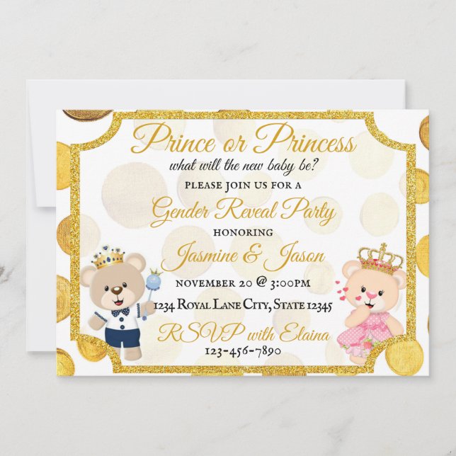 Gold Polka Dot Prince or Princess Gender Reveal Invitation (Front)