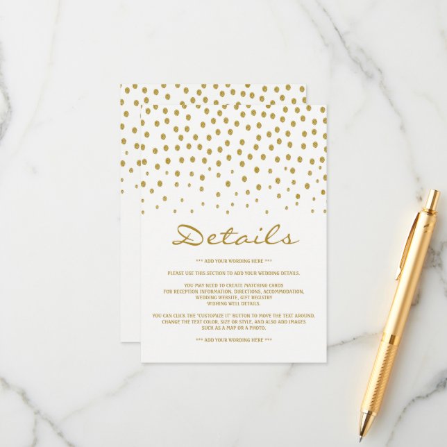 Gold Polka Dot Wedding Detail Enclosure Card (Front/Back In Situ)