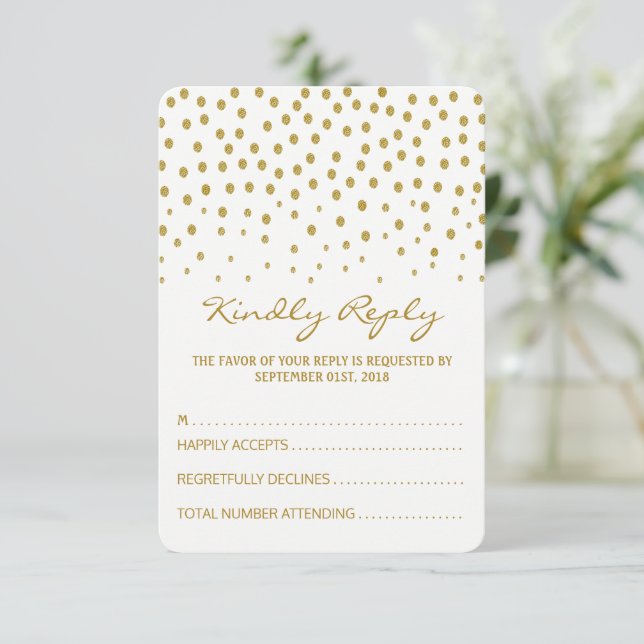 Gold Polka Dot Wedding RSVP Card (Standing Front)
