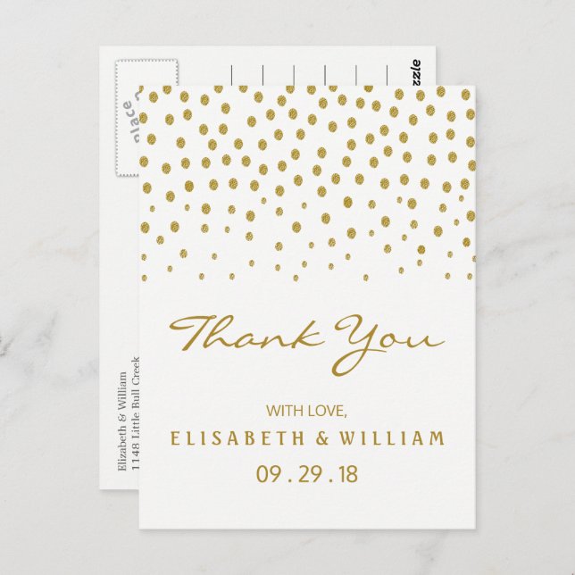 Gold Polka Dot Wedding Thank You Postcard (Front/Back)