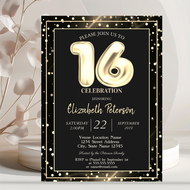 Gold Polka Dots Black Sweet 16 Party Invitation (Creator Uploaded)