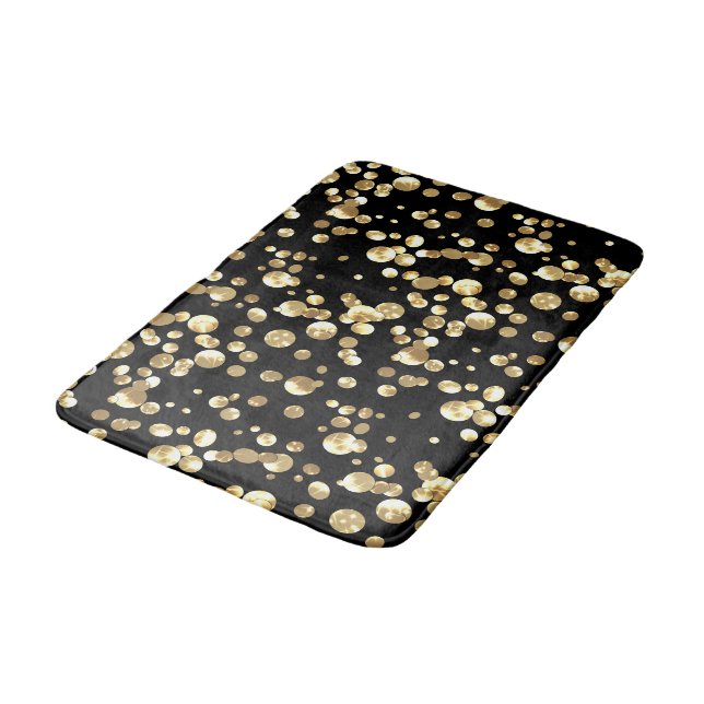 Gold polka dots on a black background . bath mat (Angled)