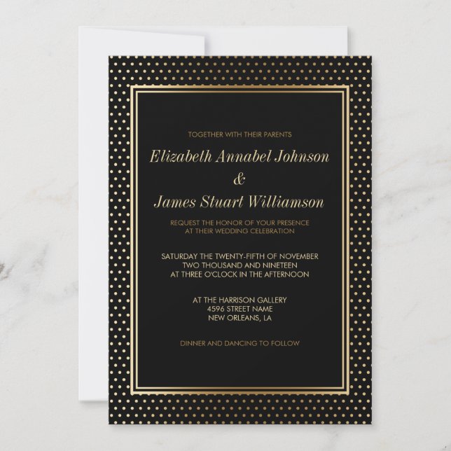 Gold Polka Dots On Black | Wedding Celebration Invitation (Front)