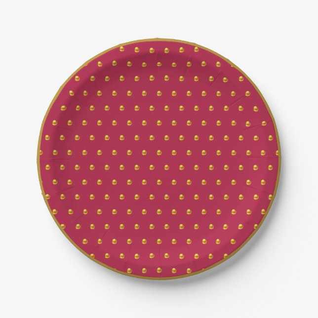 Gold Polka Dots on Burgundy Paper Plate (Front)