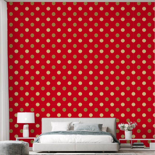 Gold polka dots pattern on red wallpaper (Bedroom)