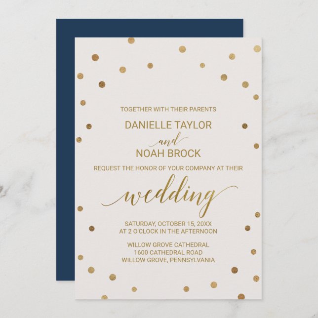 Gold Polka Dots Wedding Invitation (Front/Back)