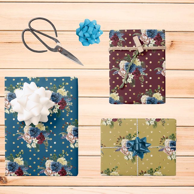 Gold Polka Dots Winter Holiday Floral Flower Wrapping Paper Sheet (Creator Uploaded)