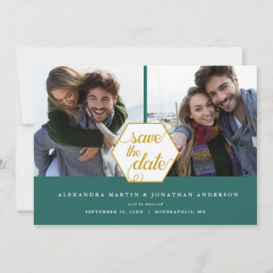 Gold Polygon 2 Photos Dark Teal Save the Date