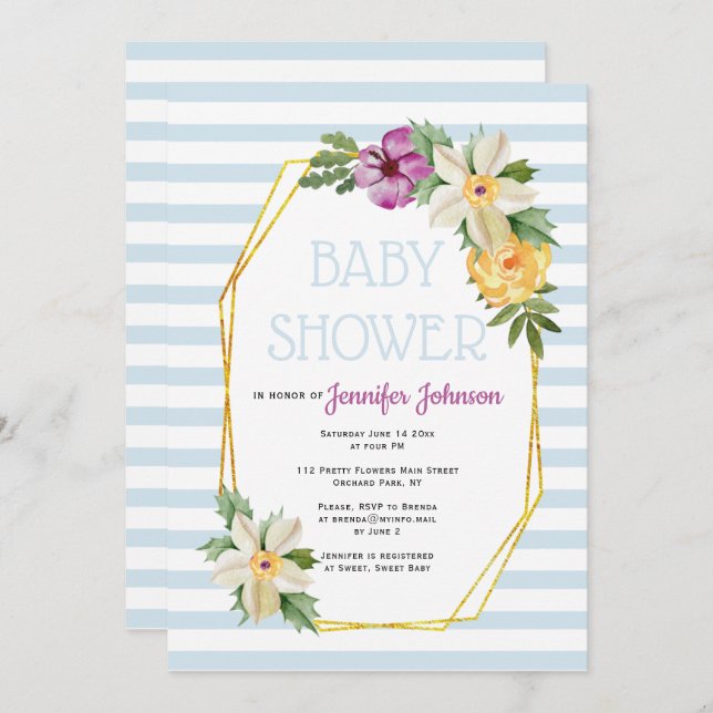 Gold polygon and flowers floral blue baby shower invitation (Front/Back)