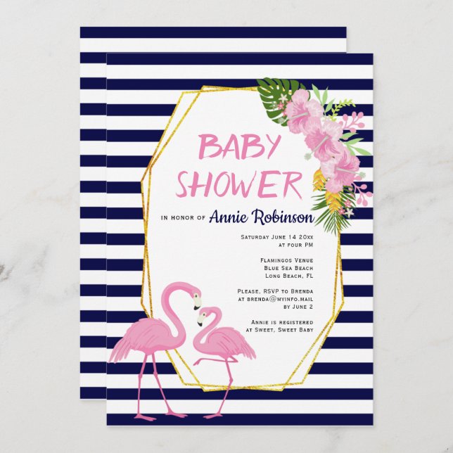 Gold polygon, flamingos navy blue baby shower invitation (Front/Back)
