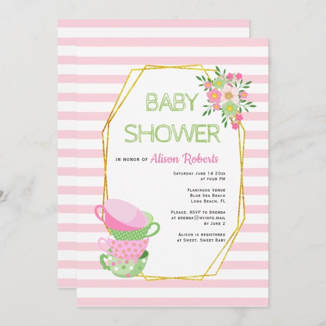 Gold polygon, pink tea party floral baby shower invitation (Front/Back)