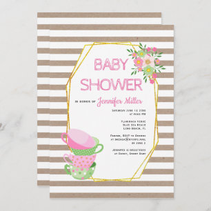 Gold polygon rustic floral tea party baby shower invitation