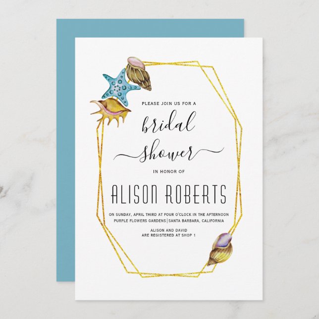Gold polygon seashells beach wedding bridal shower invitation (Front/Back)
