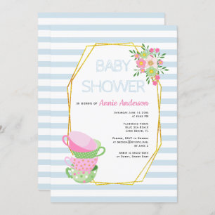 Gold polygon, teacups pale blue floral baby shower invitation