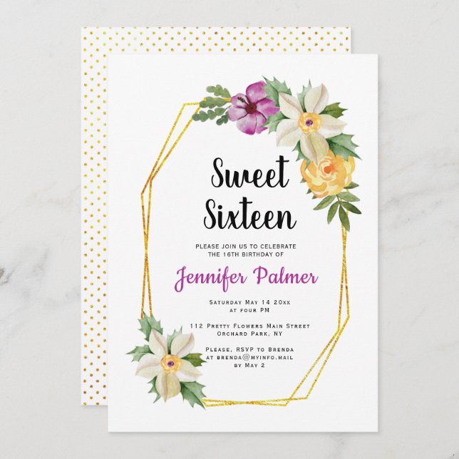 Gold polygon watercolor flowers Sweet Sixteen Invitation (Front/Back)