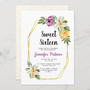 Gold polygon watercolor flowers Sweet Sixteen Invitation