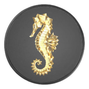 Gold Polygonal Seahorse Hockey Puck