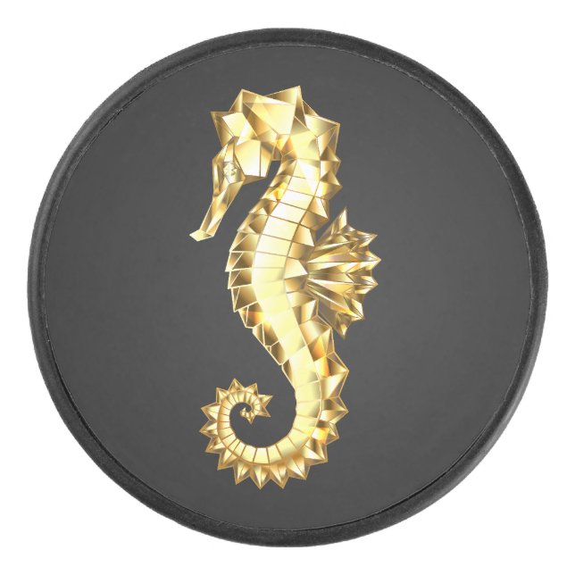 Gold Polygonal Seahorse Hockey Puck (Front)