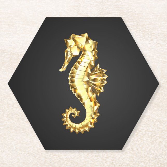 Gold Polygonal Seahorse Paper Coaster (Front)