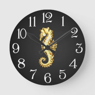 Gold Polygonal Seahorse Round Clock